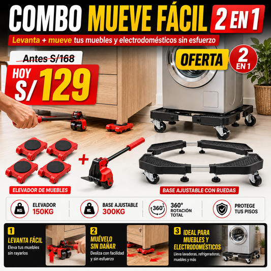 🔥 COMBO MUEVE FÁCIL 2 EN 1 | Elevador + Base Movible